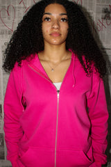 Ava wearing WEXIST oversized pink hoodie made for tall girls. Front view close up