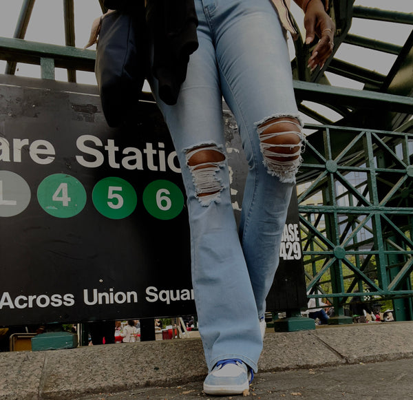 WEARING WEXIST BLUE FLARED JEANS ON 14th St Union sQ