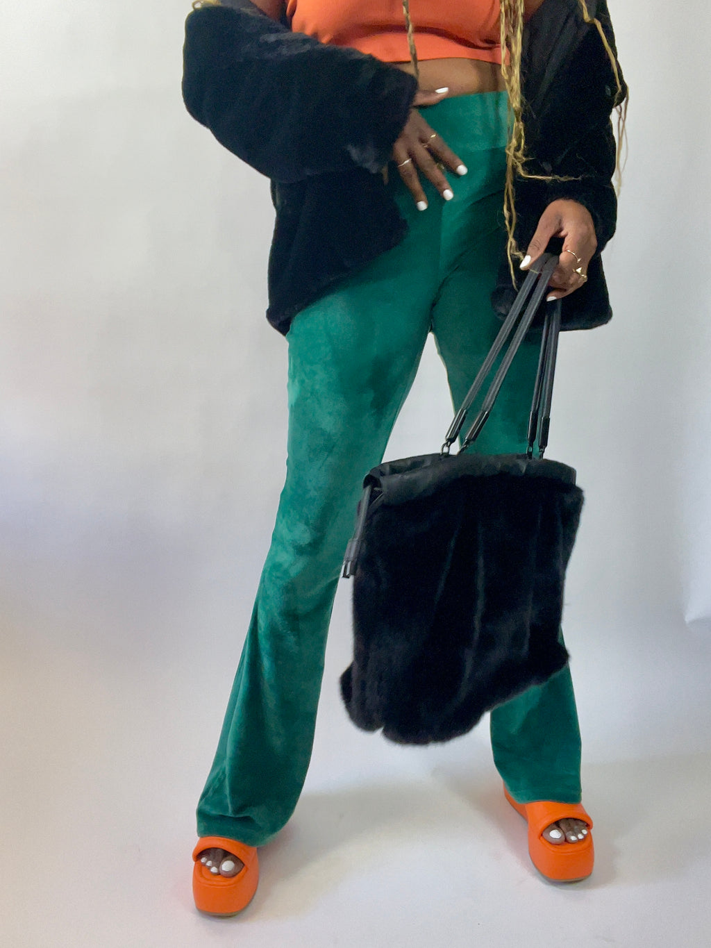 Flared velour disco pants for tall girls
