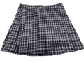 A pleated plaid skirt in a dark gray, black, and white pattern for tall girls with longer inseams!