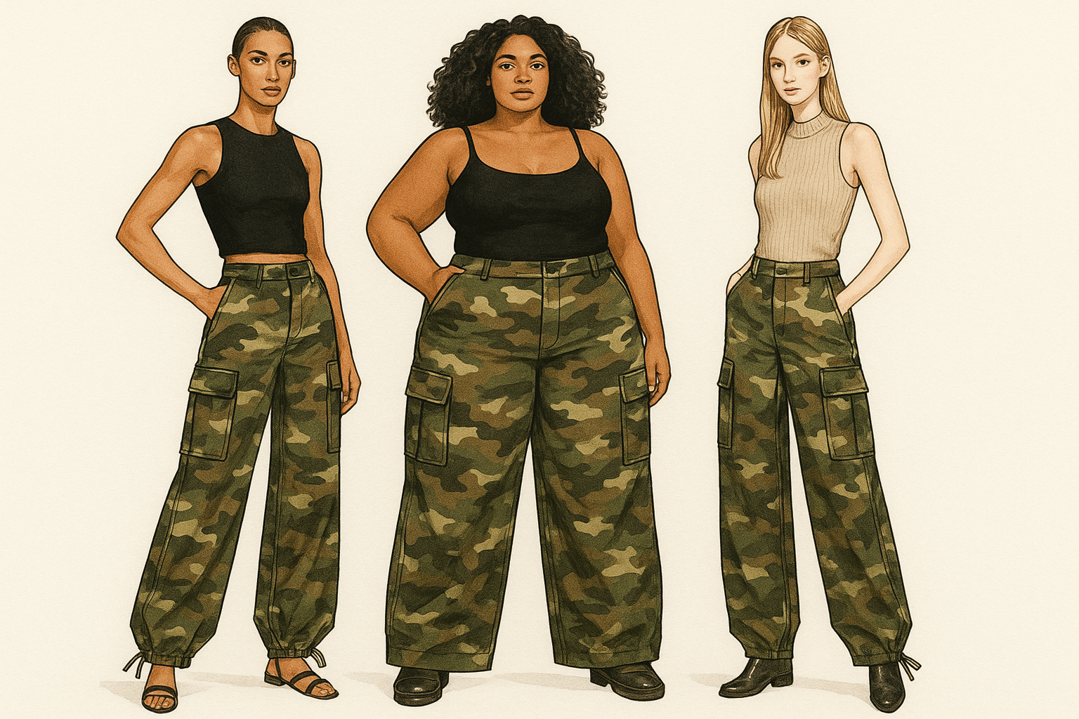 Create an illustration of a 3 tall girls different heights and body types wearing these camo cargos pants with a wide leg and strings at the hem

