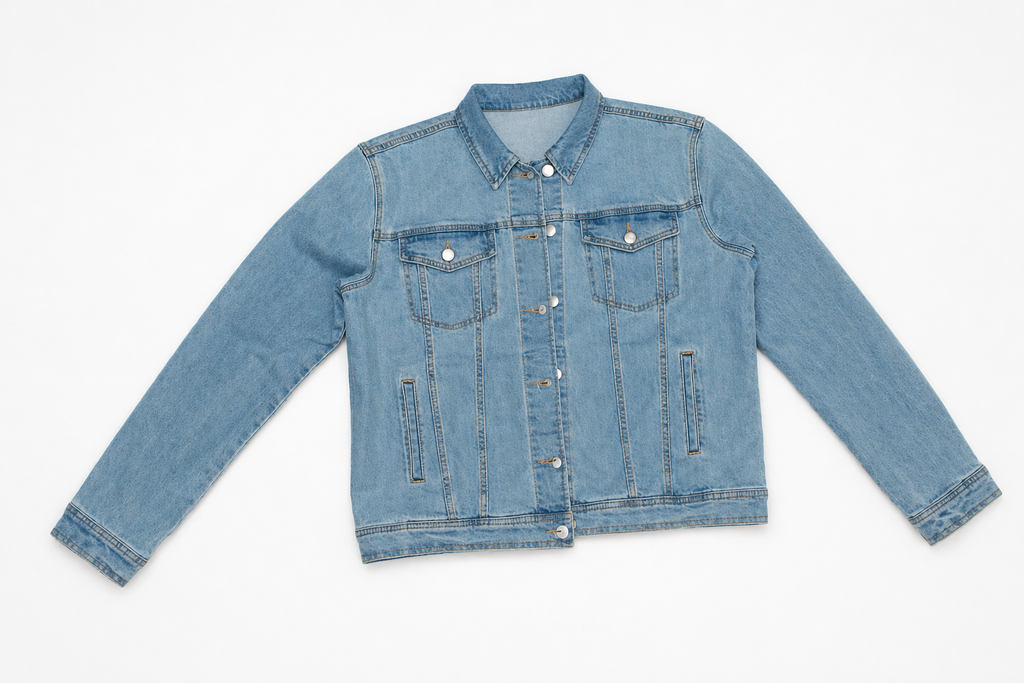 tall women Blue denim jacket on a white background