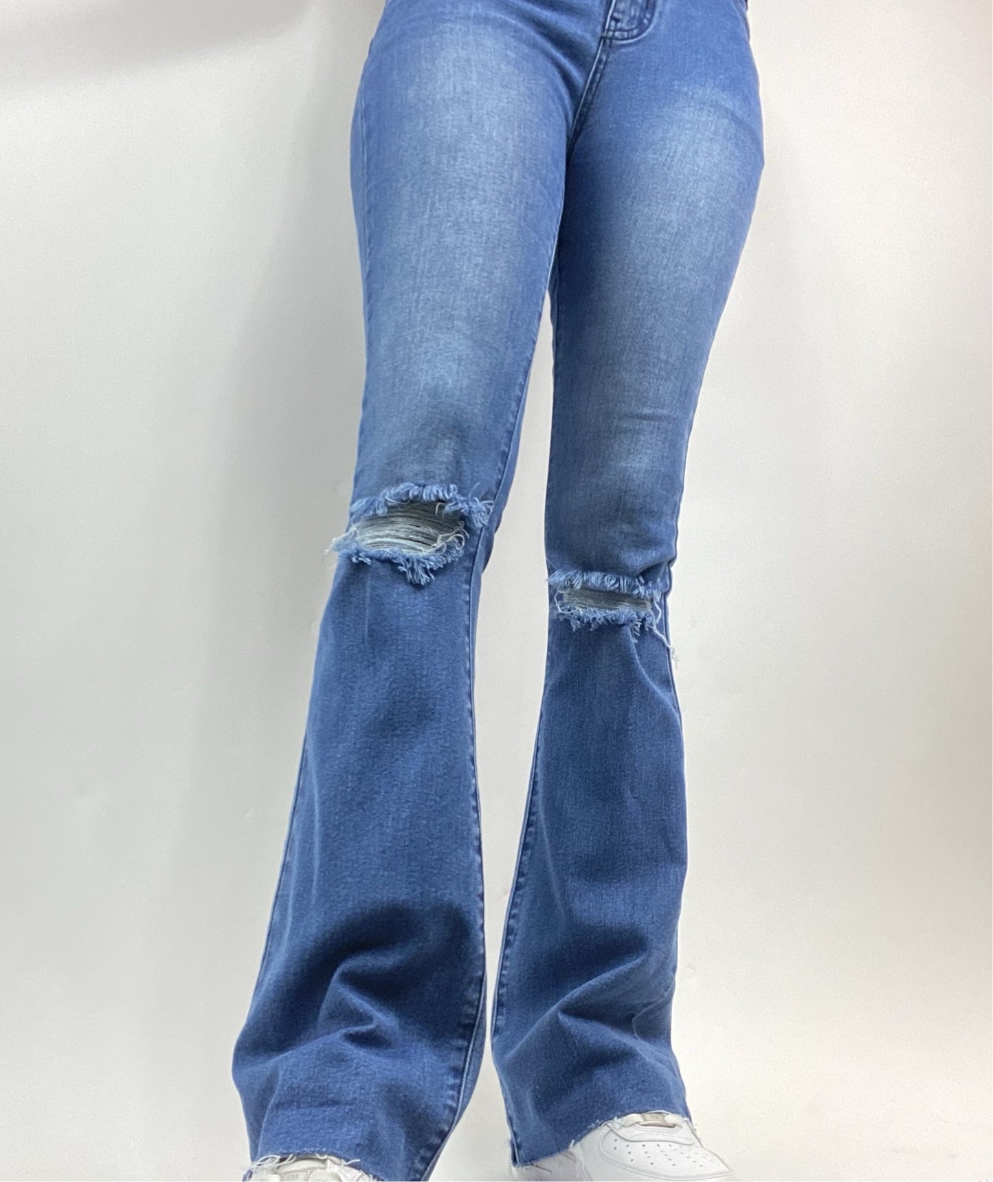 tall girl flared jeans in dark wash with distressed knee