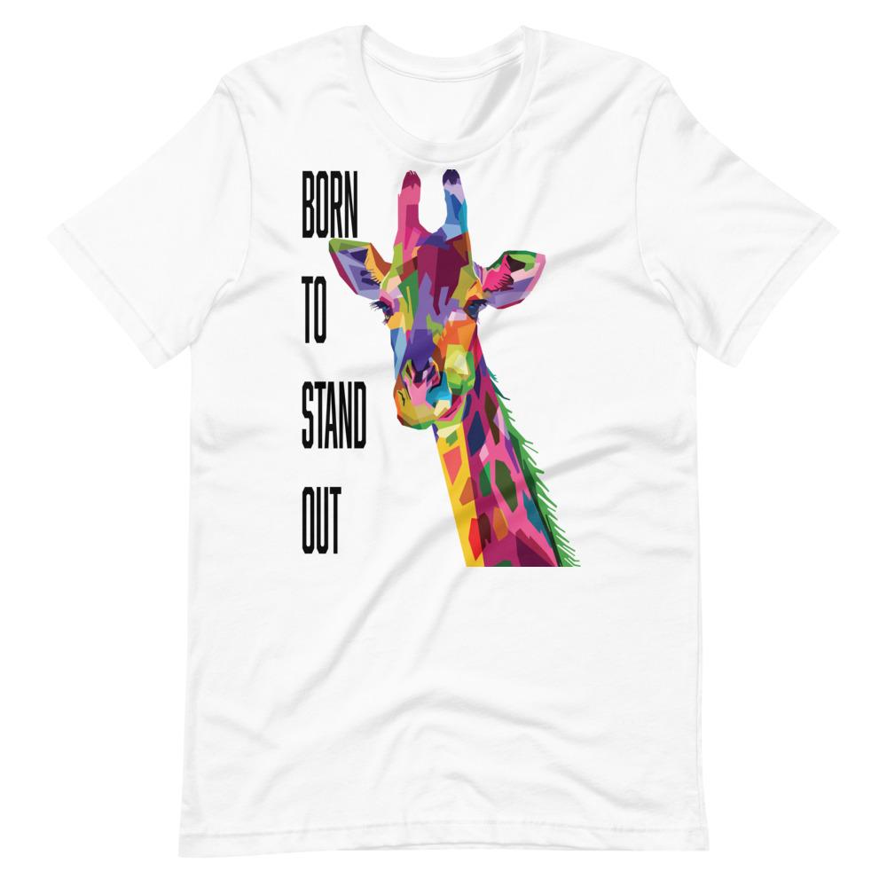 Abstract giraffe born to stand out t-shirt for tall girls and tall women. Made to help tall girls with confidence